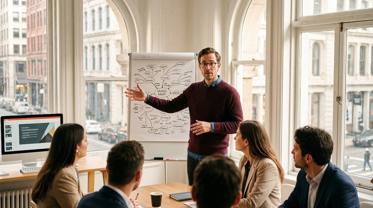 presentation, workshop, strategy, leadership, business, meeting, flipchart, planning, professional, office, brainstorming, teamwork, communication, diagram, explanation, startup, corporate, training, collaboration, career, ai generated on Small Biz Blueprint