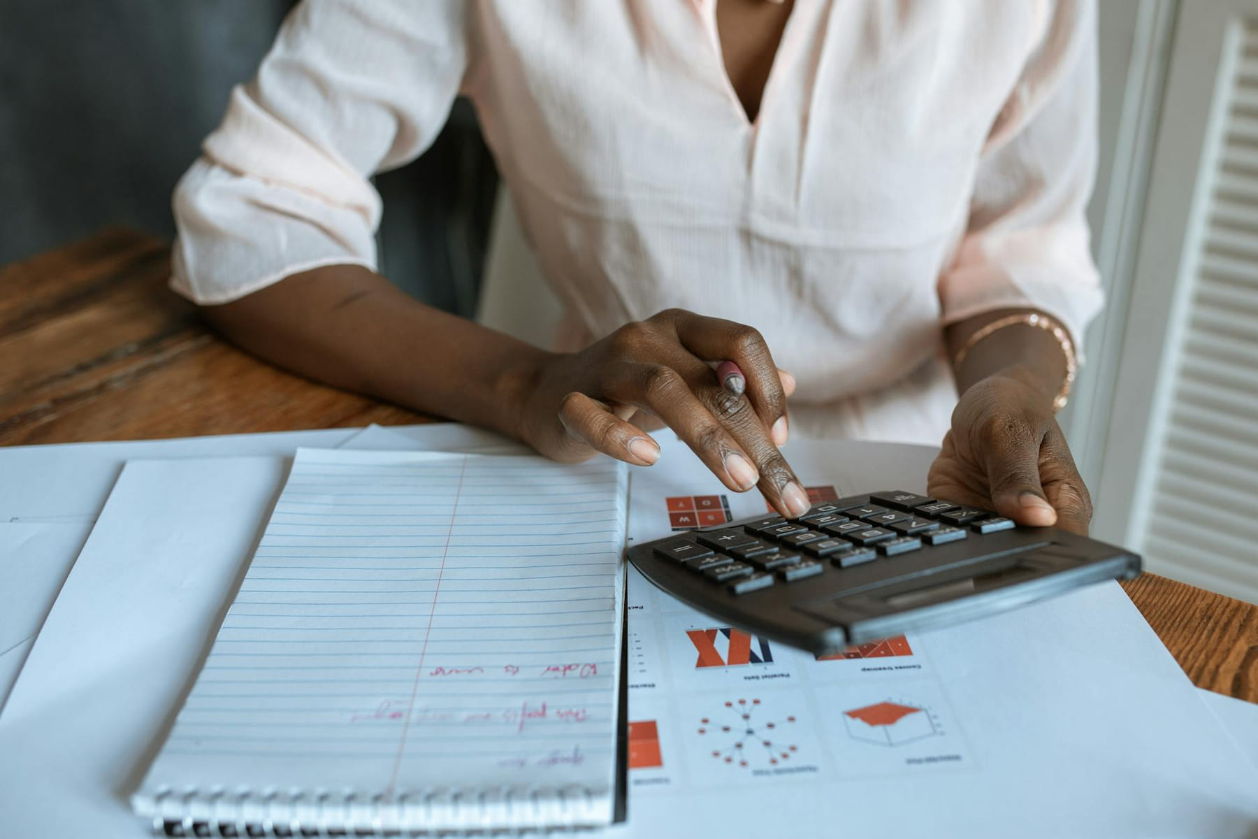 A professional woman calculating finances at a desk with charts and a calculator. on Small Biz Blueprint