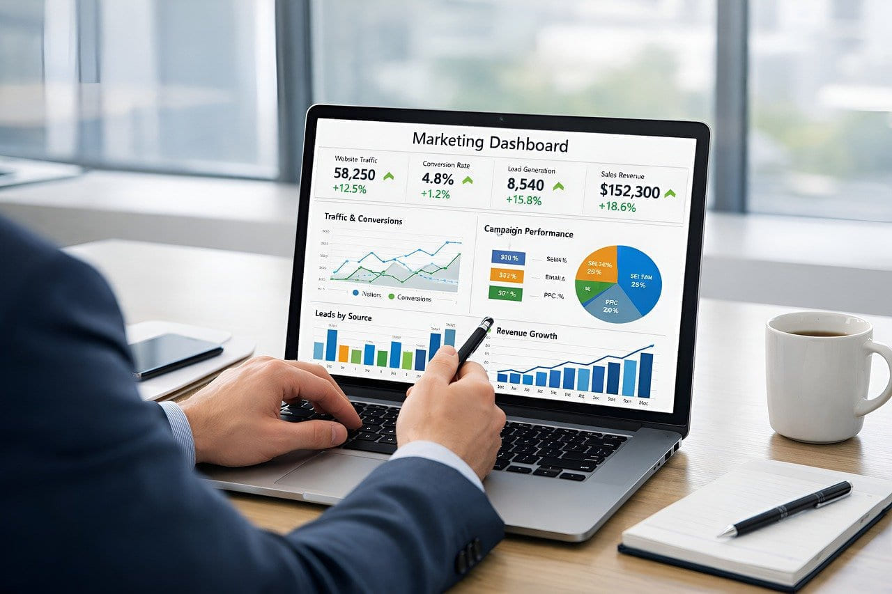 business, professional, marketing, data analysis, laptop, dashboard, office, modern workspace, digital marketing, strategy, technology, startup, productivity, planning, statistics, finance, entrepreneur, online business, report, realistic on Small Biz Blueprint